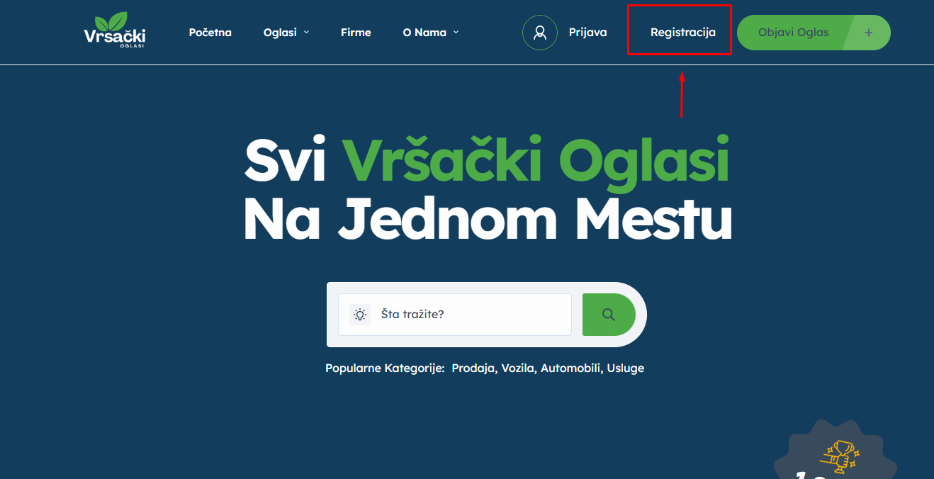 dugme za registraciju i pravljenje profila vrsacki oglasi srbija